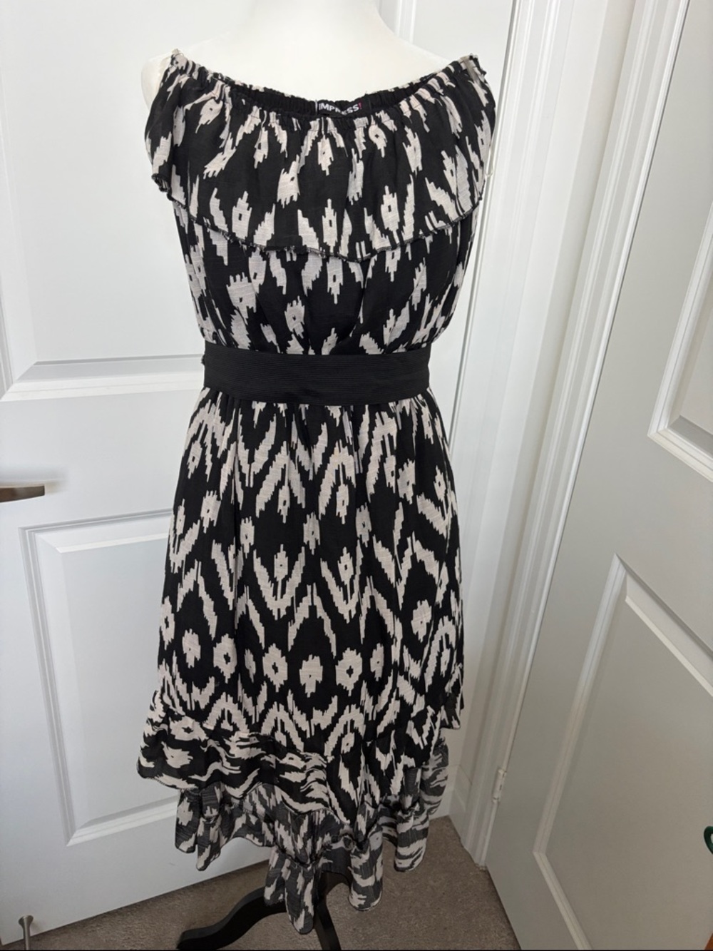 Black & Cream Printed Off-Shoulder Belted Dress